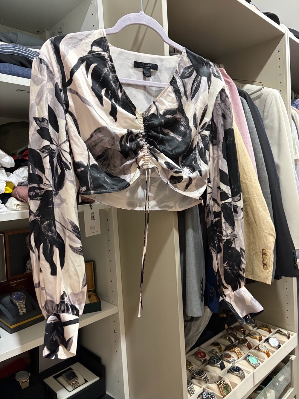 All Saints Ivory and Black silk Drawstring Ruched Floral Crop Top